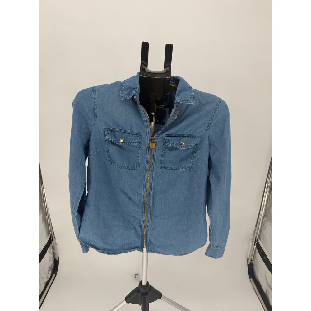 Michael Michael Kors Zip Front Shirt Women Small Blue Excellent Denim Lock Pull